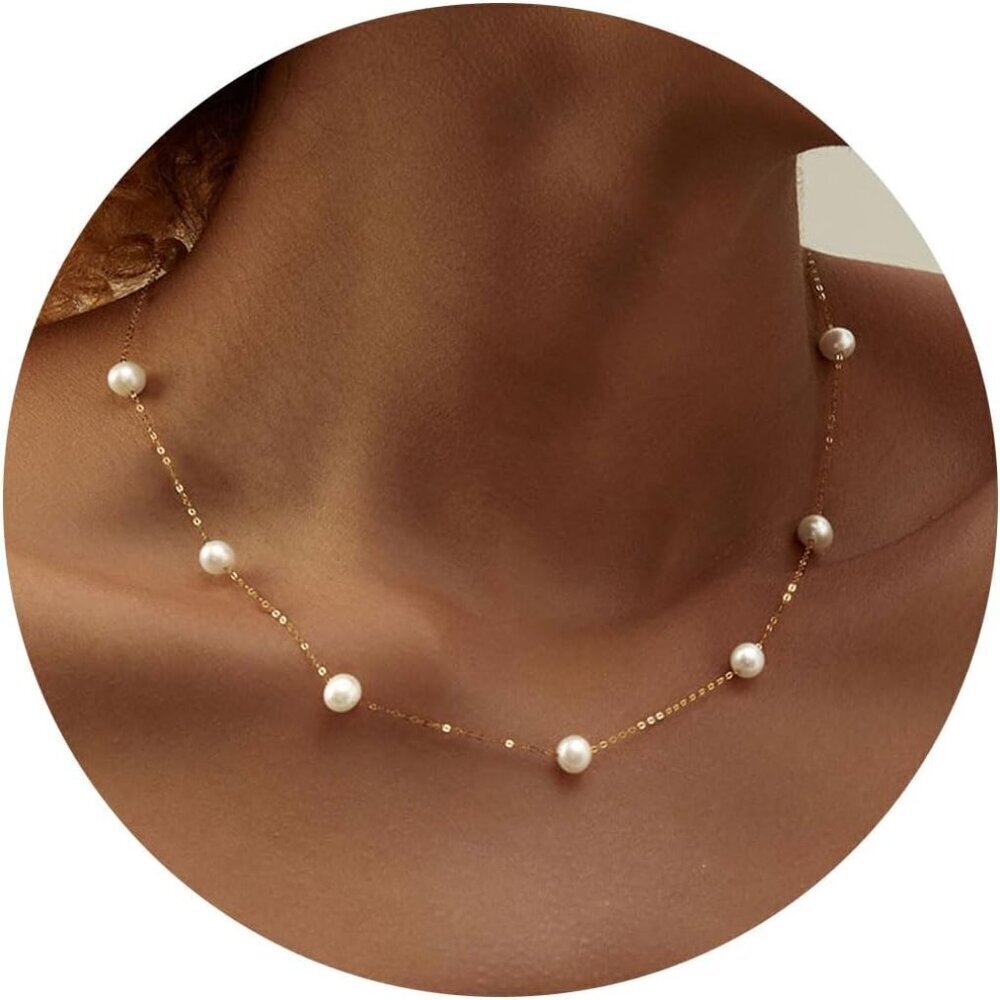 Pearl Necklace Dainty Gold Plated Bridal Jewelry Gift for Her